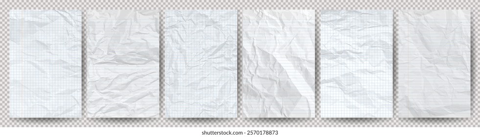 Set of white clean crumpled papers on a transparent background. Six crumpled empty notebook sheets of paper with shadow for posters and banners. Vector illustration