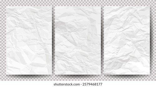 Set of white clean crumpled papers on transparent background. Crumpled empty sheets of paper with shadow for posters and banners. Vector illustration