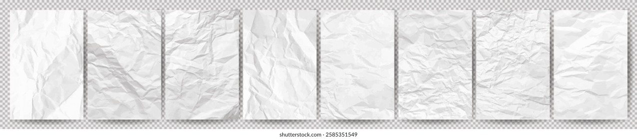 Set of white clean crumpled papers on transparent background. Eight crumpled empty sheets of paper with shadow for posters and banners. Vector illustration