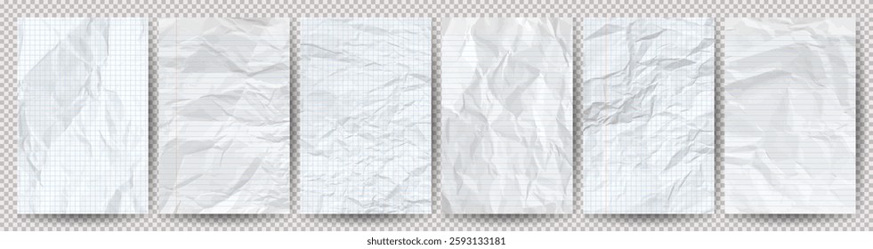 Set of white clean crumpled papers on a transparent background. Six crumpled empty notebook sheets of paper with shadow for posters and banners. Vector illustration