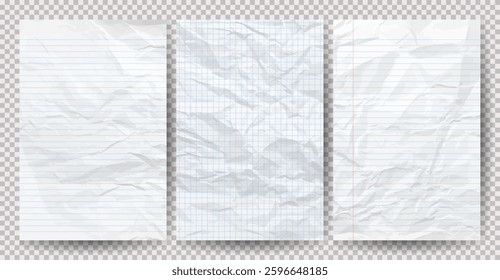 Set of white clean crumpled papers on a transparent background. Crumpled empty notebook sheets of paper with shadow for posters and banners. Vector illustration