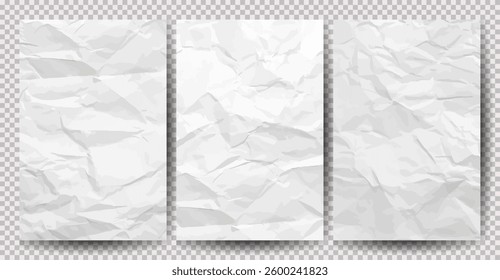 Set of white clean crumpled papers on transparent background. Crumpled empty sheets of paper with shadow for posters and banners. Vector illustration