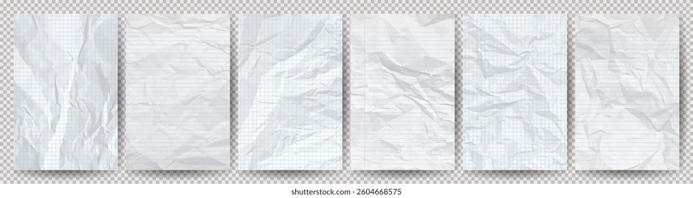 Set of white clean crumpled papers on a transparent background. Six crumpled empty notebook sheets of paper with shadow for posters and banners. Vector illustration