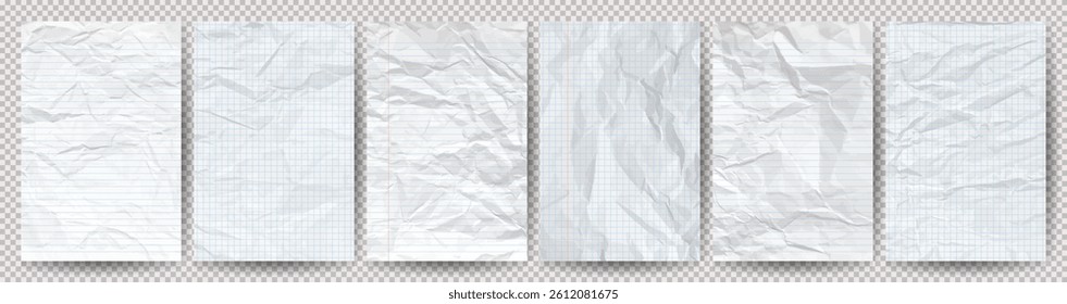 Set of white clean crumpled papers on a transparent background. Six crumpled empty notebook sheets of paper with shadow for posters and banners. Vector illustration