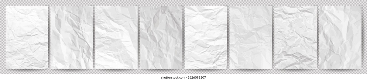 Conjunto de papeles arrugados limpios blancos sobre fondo transparente. Ocho hojas de papel arrugadas y vacías con sombra para carteles y Anuncios. Ilustración vectorial