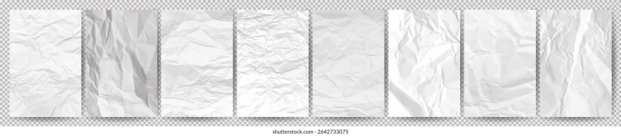 Set of white clean crumpled papers on transparent background. Eight crumpled empty sheets of paper with shadow for posters and banners. Vector illustration