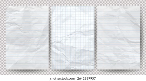 Set of white clean crumpled papers on a transparent background. Crumpled empty notebook sheets of paper with shadow for posters and banners. Vector illustration
