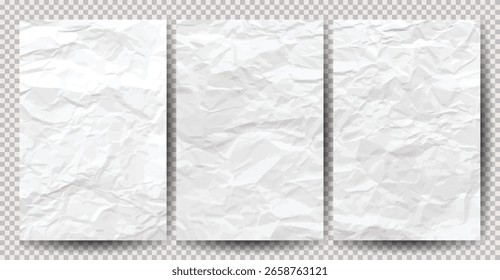 Set of white clean crumpled papers on transparent background. Crumpled empty sheets of paper with shadow for posters and banners. Vector illustration