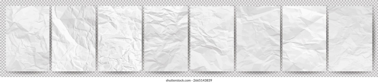 Conjunto de papeles arrugados limpios blancos sobre fondo transparente. Ocho hojas de papel arrugadas y vacías con sombra para carteles y Anuncios. Ilustración vectorial