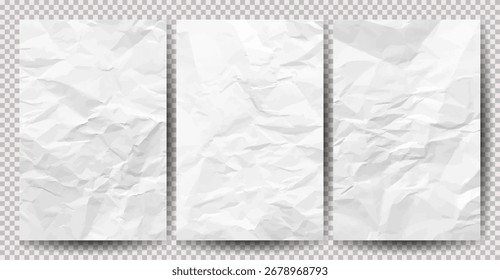 Conjunto de papeles arrugados limpios blancos sobre fondo transparente. Hojas de papel vacías arrugadas con sombra para carteles y Anuncios. Ilustración vectorial