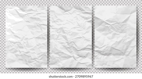 Set of white clean crumpled papers on transparent background. Crumpled empty sheets of paper with shadow for posters and banners. Vector illustration