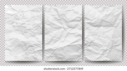 Conjunto de papéis brancos limpos amassados sobre fundo transparente. Folhas de papel vazias amassadas com sombra para cartazes e banners. Ilustração vetorial