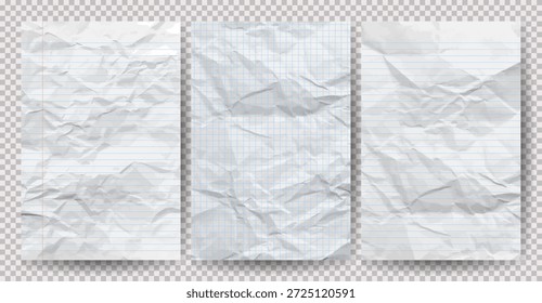 Conjunto de papeles arrugados limpios blancos sobre un fondo transparente. Hojas de cuaderno de papel arrugadas y vacías con sombra para carteles y Anuncios. Ilustración vectorial