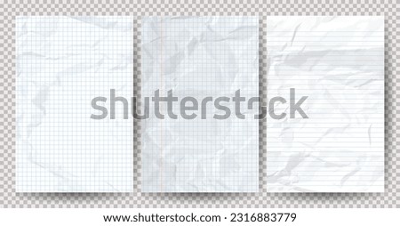 Set of white clean crumpled papers on a transparent background. Crumpled empty notebook sheets of paper with shadow for posters and banners. Vector illustration