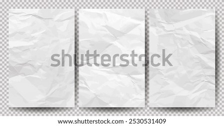 Set of white clean crumpled papers on transparent background. Crumpled empty sheets of paper with shadow for posters and banners. Vector illustration