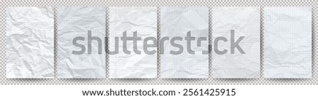 Set of white clean crumpled papers on a transparent background. Six crumpled empty notebook sheets of paper with shadow for posters and banners. Vector illustration