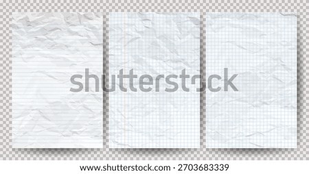 Set of white clean crumpled papers on a transparent background. Crumpled empty notebook sheets of paper with shadow for posters and banners. Vector illustration
