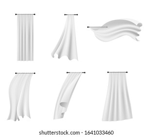 Set of white clean curtains fluttering with wind, realistic mockup vector illustration isolated on white background. Draped fabric home textile elements template.