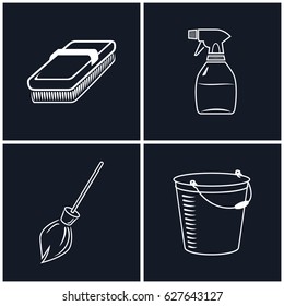 Set of White Cleaning Icons on Black Background , Fetlock and Sprayer, Broom and Bucket , Line Style, Vector Illustration  