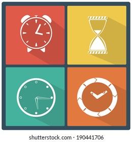 Set of white clock icons on color background