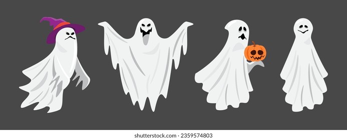 Set of White cloth ghost . Halloween cartoon characters . Gray isolate background . Vector .