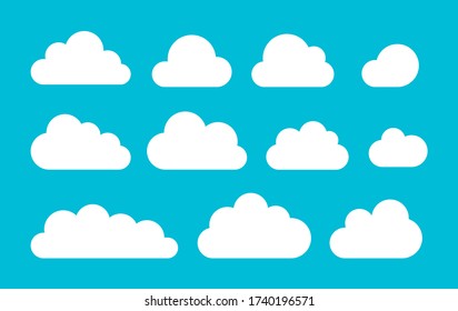 Set of white Cloud Icons in flat style isolated on blue background. Cloud symbol for your web site design, app, logo,UI. Vector illustration, EPS10.