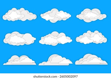 Set of White Cloud Icons in Layered Papercut Style. Vector Design Elements on Blue Background