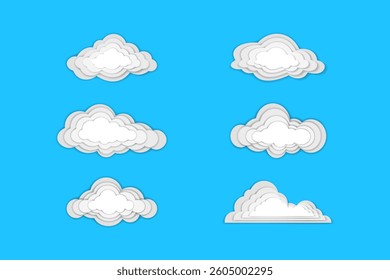 set of white cloud icons made in layered papercut on blue background