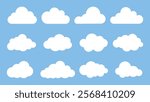 Set of white cloud icons on a blue background. Cloud shapes vary in size and form. Simple cloud design for weather or sky themes. Cloud icons in a grid layout. Weather illustration, vector set.