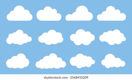 Set of white cloud icons on a blue background. Cloud shapes vary in size and form. Simple cloud design for weather or sky themes. Cloud icons in a grid layout. Weather illustration, vector set.