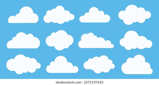 Set of white cloud icons on a blue background. Cloud shapes vary, offering diverse cloud designs. Perfect for weather, sky, or nature themes. Cloud collection. Weather element vector set.