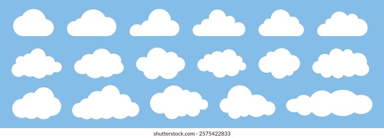 Set of white cloud icons on a blue background. Cloud icons in various shapes. Perfect for weather apps, cloud designs, and sky illustrations. Weather illustration, vector set.