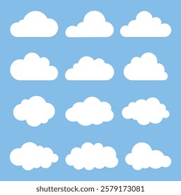Set of white cloud icons on blue background. Cloud shapes vary, creating pattern. Ideal for cloud-themed designs, cloud illustrations, graphics. Weather illustration, vector set.