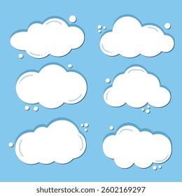 Set of white cloud icons on a blue background. Cloud shapes Simple design. illustration, vector set, Collection of white cloud illustrations, White cloud collection
