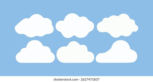 Conjunto de iconos de nube blanca sobre un fondo azul. Las Formas de la nube varían en tamaño y forma. Diseño simple de la nube para el Clima o los temas del cielo. Iconos de la nube en un diseño de cuadrícula. ilustración de Clima, 