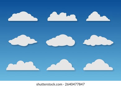 Set of White Cloud Icons on Blue Gradient Sky Background