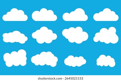 Set of white cloud icons on a blue background. Cloud shapes vary in size and form. Simple cloud design for weather or sky themes. Cloud icons in a grid layout. Weather illustration, vector set