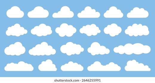 Set of white cloud icons on blue background. Cloud shapes vary in size and form. Cloud icons are simple and white. Blue sky with white cloud icons. Weather illustration, vector set.