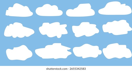 Conjunto de iconos de nube blanca sobre un fondo azul. Las Formas de la nube varían en tamaño y forma. Diseño simple de la nube para el Clima o los temas del cielo. Iconos de la nube en un diseño de cuadrícula. Ilustración de Clima, conjunto de Vector.