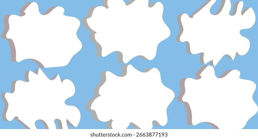 Conjunto de iconos de nube blanca sobre un fondo azul. Las Formas de la nube varían en tamaño y forma. Diseño simple de la nube para el Clima o los temas del cielo. Iconos de la nube en un diseño de cuadrícula. Ilustración de Clima, conjunto de Vector.