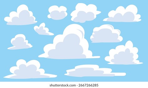 Conjunto de iconos de nube blanca sobre un fondo azul. Las Formas de la nube varían en tamaño y forma.