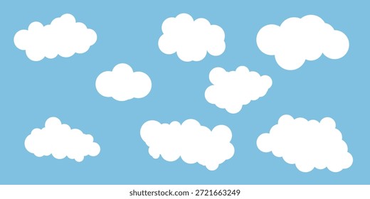 Conjunto de iconos de nube blanca sobre un fondo azul con Formas y tamaños variados, dispuestos en un diseño de cuadrícula. Diseño de nubes simple y limpio adecuado para el Clima, el cielo y la atmósfera.
