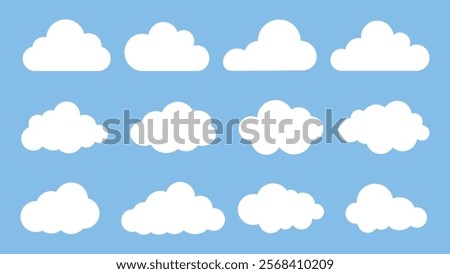 Set of white cloud icons on a blue background. Cloud shapes vary in size and form. Simple cloud design for weather or sky themes. Cloud icons in a grid layout. Weather illustration, vector set.