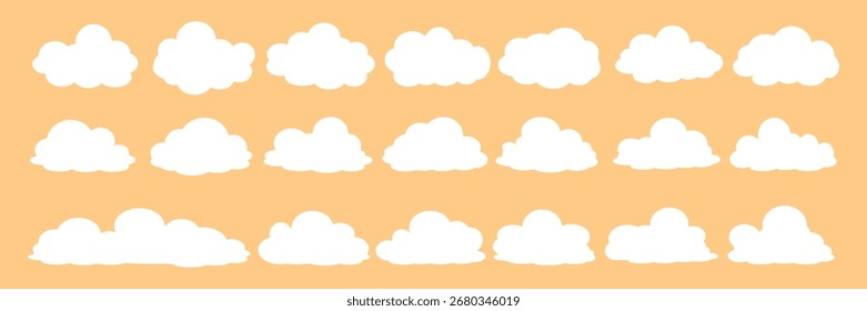 set of white cloud icons with peach color background, cloud icons in flat style. themes of sky, clouds, climate, weather and temperature.