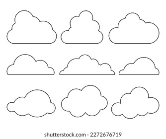 Set of White Cloud Icons in trendy line art, outline style isolated on white background. Cloud symbol for your web site design, logo, app. Vector illustration