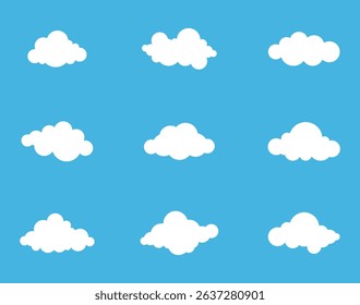 Set of white cloud shapes. Abstract white cloudy collection isolated on blue background. Big vector set of twenty-one cloud icon