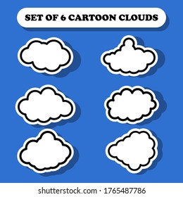 Set of white clouds with black outlines and shadows for your UI design, website or game. Simple clouds in the sky. Eps 10 vector