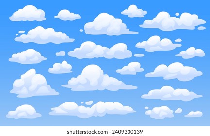 Set of white clouds in cartoon style on a blue background. Vector fluffy clouds for sky landscape. Weather elements