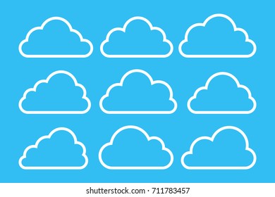 Set of white clouds collection vector icons isolated on blue background