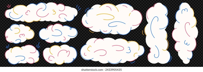 Set of white clouds with colorful doodle elements. Cute naive child illustration. Modern vector design.